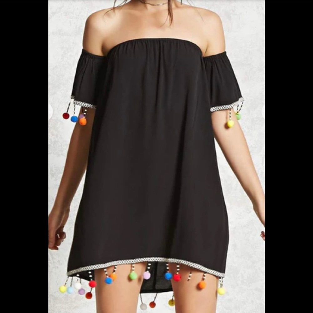Forever 21 Pom Pom Mini off the shoulder black multicolor dress